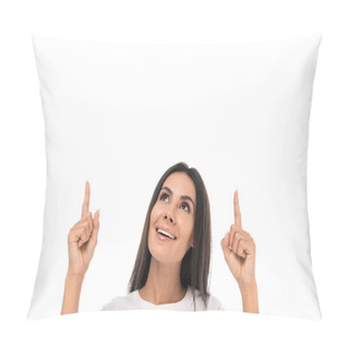 Personality  Happy Woman Looking Up And Pointing With Fingers Isolated On White  Pillow Covers