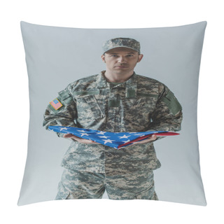 Personality  American Soldier In Uniform Holding Folded Flag Of United States During Memorial Day Isolated On Grey  Pillow Covers