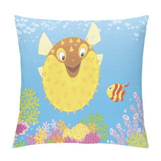 Personality  Exotic Puffer Fish And A Small Butterflyfish Swimming Among Colorful Corals On A Reef In A Tropical Sea, Vector Illustration In A Cartoon Style Pillow Covers