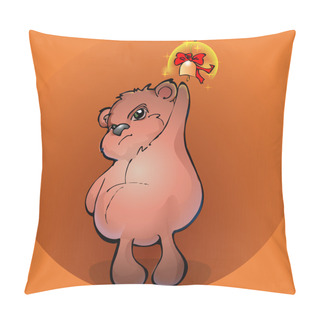 Personality  Brown Teddy Bear With A Golden Bell - Vector Illustration Pillow Covers