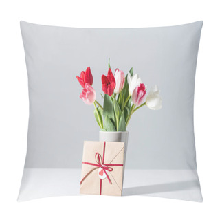 Personality  Beautiful Blooming Tulip Flowers In Vase And Envelope On Grey Pillow Covers