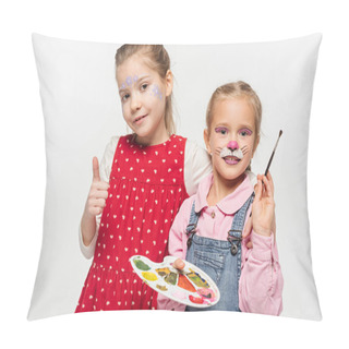 Personality  Adorable Kid With Cat Muzzle Painting Of Face Holding Palette And Paintbrush, While Friend With Floral Mask Showing Thumb Up Isolated On White Pillow Covers