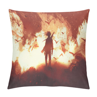 Personality  Man With Gun Standing Against Fire Background Pillow Covers