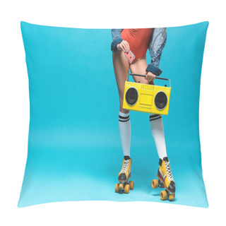 Personality  Cropped View Of Woman In Swimsuit And Roller Skates Holding Boombox And Cassette Tape On Blue Pillow Covers