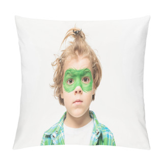 Personality  Shaggy Boy With Gecko Mask Painted On Face Looking At Camera Isolated On White Pillow Covers