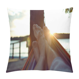 Personality Vacation Photo Of Couple Feet Relaxing On Beach On Hammock Pillow Covers