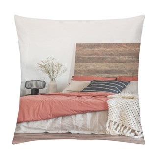 Personality  Cozy Bedroom Interior With White Walls, Wooden Bedhead And Red Sheets. Real Photo Pillow Covers