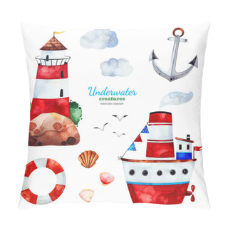 Personality  Watercolor Collection With Lighthouse, Ship, Anchor And Safety Ring On White Background  Pillow Covers