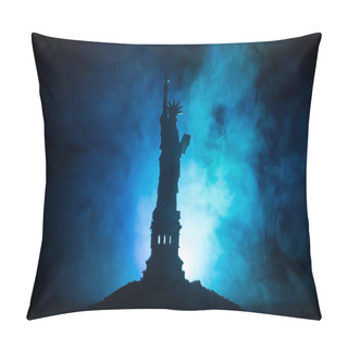 Personality  Silhouette Statue Of Liberty On Dark Toned Foggy Background. Statue Of Liberty On The Background Of Colorful Foggy Sky. Decorated Image. Pillow Covers