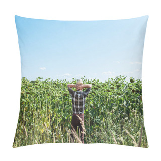 Personality  Back View Of Self-employed Farmer In Straw Hat Standing Near Sunflowers In Field  Pillow Covers