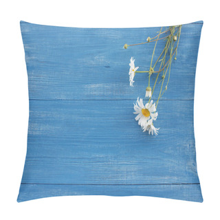 Personality  White Young Daisies Flowers On Wooden Boards Blue Background  Pillow Covers