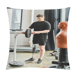 Personality  A Disabled Man With A Prosthetic Leg Stands Next To A Sports Machine In A Modern Room. Pillow Covers