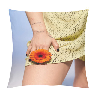 Personality  A Close-up Of A Young Woman Delicately Holding A Vibrant Flower In A Studio Setting. Pillow Covers