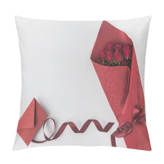 Personality  Flat Lay With Bouquet Of Roses, Ribbon And Envelope Isolated On White, St Valentines Day Holiday Concept Pillow Covers