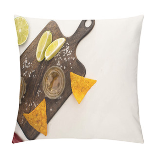 Personality  Top View Of Golden Tequila With Lime, Chili Pepper, Salt And Nachos Near Wooden Cutting Board On White Marble Surface Pillow Covers
