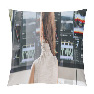 Personality  Panoramic Shot Of Filmmaker Working Near Computer Monitors  Pillow Covers