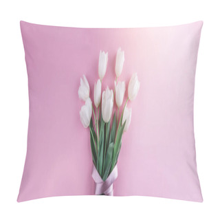 Personality  Bouquet Of White Tulips Flowers On Pink Background. Card For Mothers Day, 8 March, Happy Easter. Waiting For Spring. Greeting Card Or Wedding Invitation. Flat Lay, Top View Pillow Covers