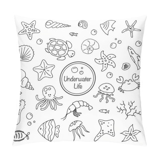 Personality  Set Of Sea Underwater Creatures Outline On White Background Hand Drawn Thin Line Doodle Illustration Pillow Covers