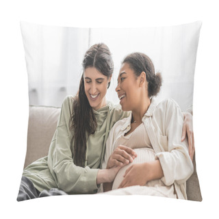 Personality  Overjoyed Lesbian Woman Hugging Pregnant Multiracial Wife While Sitting On Sofa  Pillow Covers