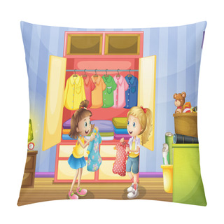 Personality  Two Girls Choosing Clothes From Closet Pillow Covers