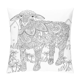 Personality  Large Drawing Of A Sheep Standing Alone Inside The Fence Waiting For Shephered. Big Lamb Line Drawing Waiting On His Own Surrounded By Wood Railings. Pillow Covers