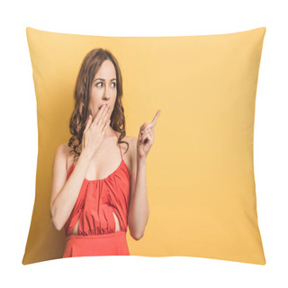 Personality  Shocked Girl Pointing With Finger And Covering Mouth With Hand On Yellow Background Pillow Covers