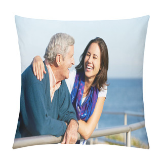 Personality  Senior Man With Adult Daughter Looking Over Railing At Sea Pillow Covers