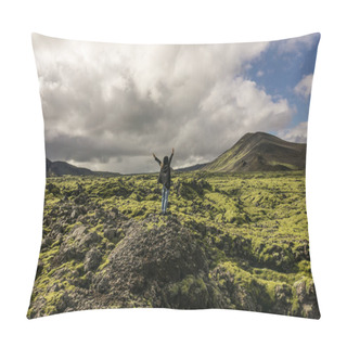 Personality  Person Standing On Rock With Raised Hands And Looking At Scenic Icelandic Landscape Pillow Covers