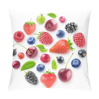 Personality  Isolated Fresh Berries In A Circular Composition. A Group Of Strawberry, Cherry, Blackberry And Other Fresh Berries Isolated On White Background With Clipping Path Pillow Covers