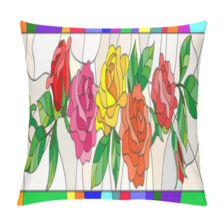 Personality  Illustration In Stained Glass Style With Flowers And Leaves Of  Rose In A Bright Frame Pillow Covers