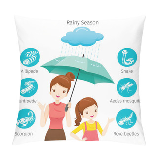Personality  Mother And Daughter Under Umbrella Together With Icons Set Of Animals In Rainy Season, Monsoon, Venomous, Dangerous Pillow Covers
