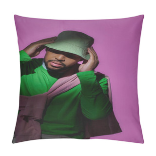 Personality  Stylish African American Man In Green Sweatshirt Touching His Panama On Purple Backdrop, Fashion Pillow Covers