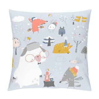 Personality  Cartoon Cute Animals Meeting Winter In The Forest Pillow Covers