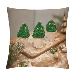 Personality  Tasty Cupcakes With Christmas Balls And Spruce Branch On Table Pillow Covers