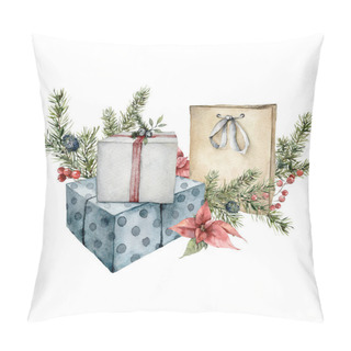 Personality  Watercolor Christmas Composition Of Gift Boxes, Poinsettia And Spruce Branches. Hand Painted Holiday Card Of Plants Isolated On White Background. Illustration For Design, Print, Background. Pillow Covers