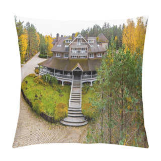 Personality  The Big Wooden House In Forest, Drone View Point Of Rural Area In Autumn With Lake Boroye, Valday National Park, Russia, Panoramic Image, Golden Trees, Wooden Lodges, Cloudy Weather Pillow Covers