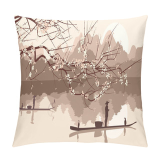 Personality  Vector Illustration Of Branch Of Blossoming Tree With Fishing Bo Pillow Covers