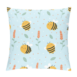 Personality  Childish Floral Seamless Pattern With Cute Cartoon Kawaii Bees, Flowers On Blue Background. Hand Drawn Floral Vector Illustration. Spring And Summer Plants. Pillow Covers