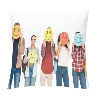 Personality  Funny Girl In Glasses Showing Tongue Near Group Of Young People Showing Emotions On Cards Isolated On White  Pillow Covers