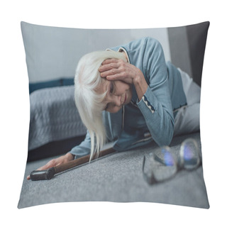 Personality  Lonely Senior Woman Lying On Floor And Having Headache At Home Pillow Covers