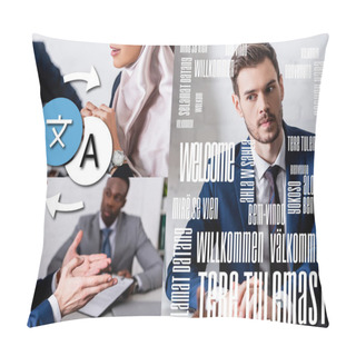 Personality  Collage Of Multiethnic Business Partners Meeting In Office, Iwelcome Word In Different Languages Near Icons With Arrows Illustration Pillow Covers