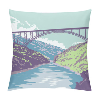 Personality  WPA Poster Art Of New River Gorge National Park And Preserve In The Appalachian Mountains In Southern West Virginia United States In Works Project Administration Style Or Federal Art Project Style Pillow Covers