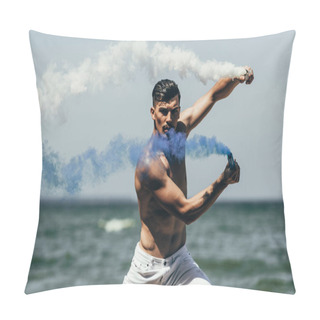 Personality  Handsome Shirtless Man Dancing With Blue And White Smoke Sticks In Front Of Ocean Pillow Covers
