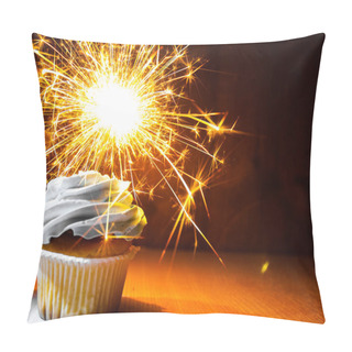 Personality  Yummy Cupcake With Buttercream And  Sparkler On Wooden Table Against Dark Background With Copy Space. Pillow Covers
