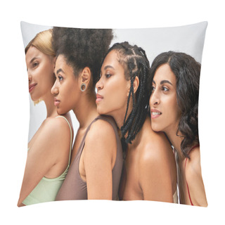 Personality  Smiling And Multiethnic Women In Colorful Bras Looking Away While Standing Next To Each Other Isolated On Grey, Different Body Types And Self-acceptance Concept, Multicultural Models Pillow Covers