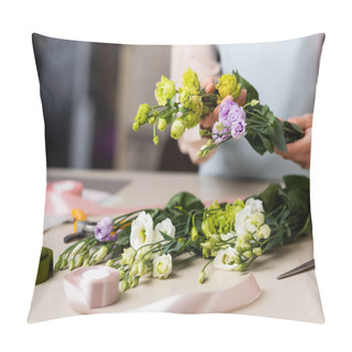 Personality  Cropped View Of Florist Holding Eustoma Flowers Near Decorative Ribbon On Table On Blurred Background Pillow Covers