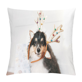 Personality  Dog Breed Sheltie Puppy Decorated For New Year Deer Horns Toy Gift Bag, Christmas Pillow Covers