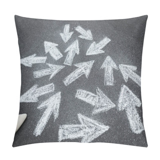 Personality  Cropped View Of Woman Standing Near Directional Arrows On Asphalt  Pillow Covers