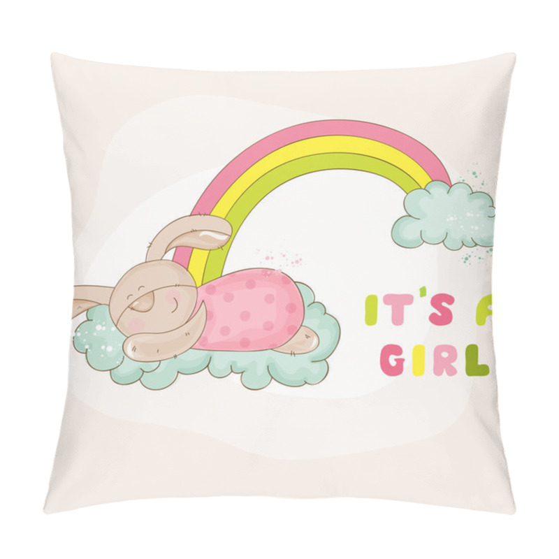 Personality  Baby Bunny on a Rainbow - Baby Shower or Arrival Card pillow covers