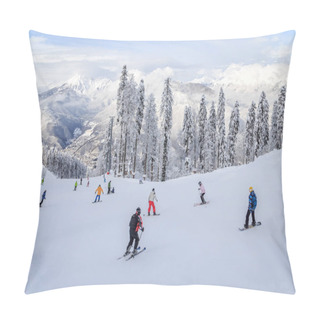 Personality  Skiers And Snowboarders Riding On A Ski Slope Pillow Covers